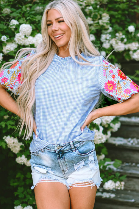 Pearl Gingham Floral Embroidered Puff Sleeve Blouse