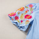  Pearl Gingham Floral Embroidered Puff Sleeve Blouse