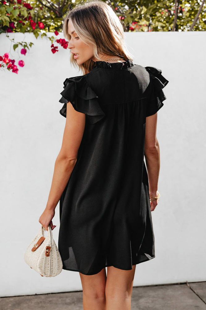 Pearl Ruffle Sleeve V Neck Frilled Shift Dress