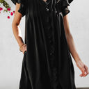 Black Large Pearl Ruffle Sleeve V Neck Frilled Shift Dress