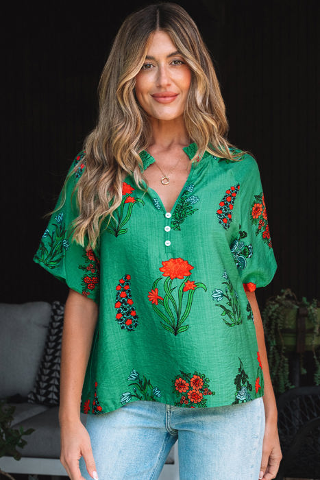 Penelope Floral Buttoned V Neck Short Sleeve Blouse