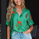 Bright Green XL Penelope Floral Buttoned V Neck Short Sleeve Blouse