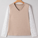 Oatmeal Large Penny Contrast Lace Patchwork Long Sleeve Top
