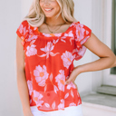 Fiery Red Small Persephone Square Ruffle Sleeve Blouse