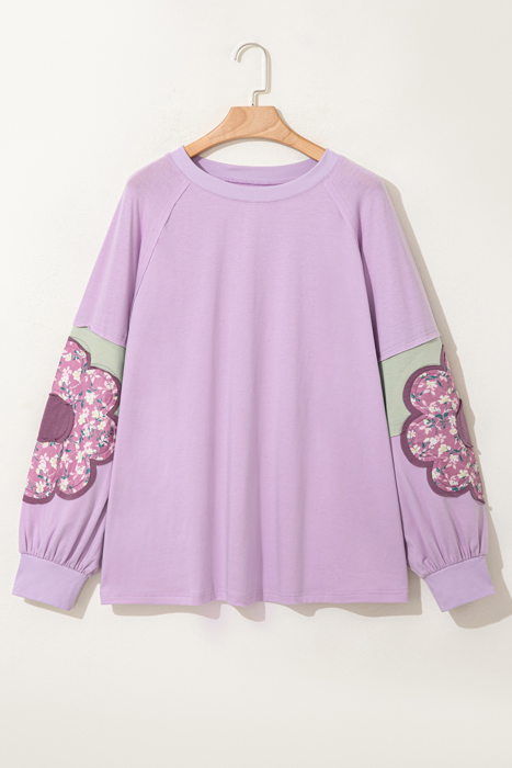 Phalaenopsis Flower Patch Colorblock Plus Size Pullover Top