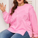  Pink Big Bow Lace Embroidered Dolman Sleeve Slit Plus Size Sweatshirt