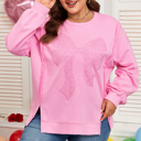  Pink Big Bow Lace Embroidered Dolman Sleeve Slit Plus Size Sweatshirt