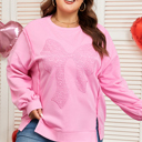  Pink Big Bow Lace Embroidered Dolman Sleeve Slit Plus Size Sweatshirt