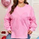  Pink Big Bow Lace Embroidered Dolman Sleeve Slit Plus Size Sweatshirt