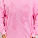  Pink Big Bow Lace Embroidered Dolman Sleeve Slit Plus Size Sweatshirt