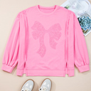  Pink Big Bow Lace Embroidered Dolman Sleeve Slit Plus Size Sweatshirt