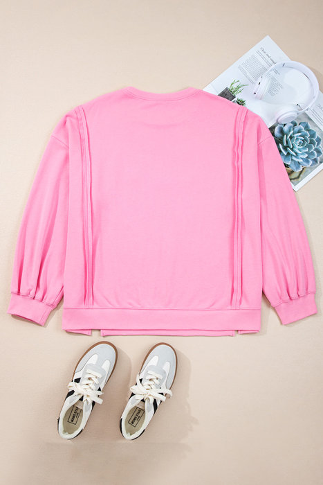 Pink Big Bow Lace Embroidered Dolman Sleeve Slit Plus Size Sweatshirt