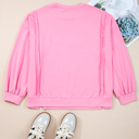  Pink Big Bow Lace Embroidered Dolman Sleeve Slit Plus Size Sweatshirt