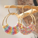 Gold Pink Bohemian Woven Raffia Dangle Earrings