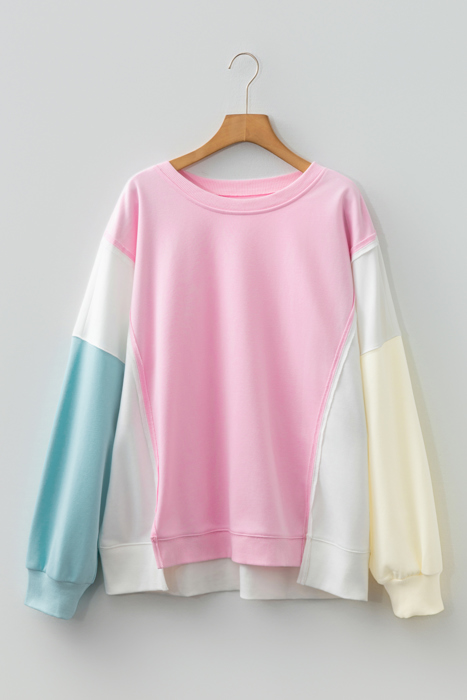 Pink Colorblock Patchwork Drop Shoulder Plus Size Sweatshirt