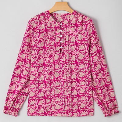 Pink Floral Print Split Neck Pleated Puff Sleeve Blouse