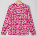  Pink Floral Print Split Neck Pleated Puff Sleeve Blouse