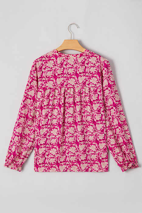 Pink Floral Print Split Neck Pleated Puff Sleeve Blouse