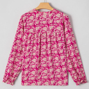  Pink Floral Print Split Neck Pleated Puff Sleeve Blouse