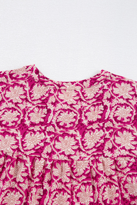 Pink Floral Print Split Neck Pleated Puff Sleeve Blouse