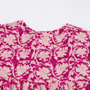 Pink Floral Print Split Neck Pleated Puff Sleeve Blouse