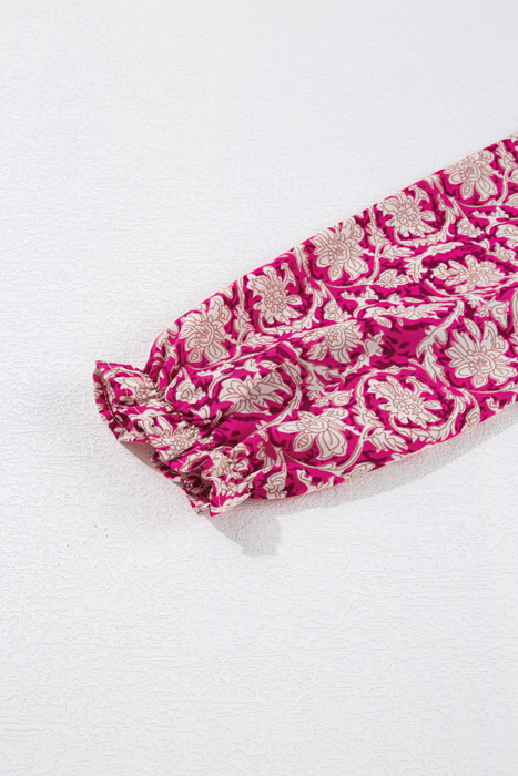 Pink Floral Print Split Neck Pleated Puff Sleeve Blouse