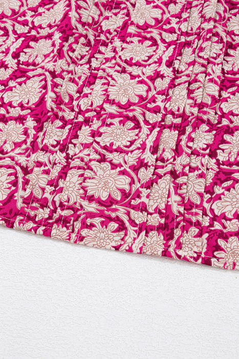 Pink Floral Print Split Neck Pleated Puff Sleeve Blouse