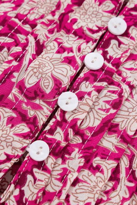 Pink Floral Print Split Neck Pleated Puff Sleeve Blouse