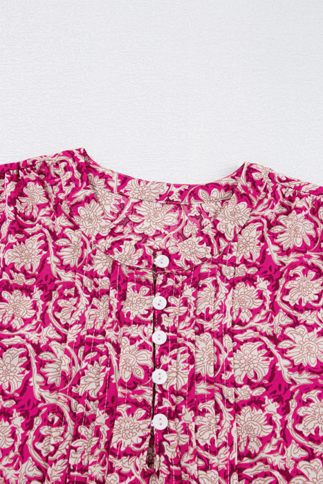 Pink Floral Print Split Neck Pleated Puff Sleeve Blouse