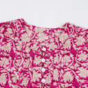  Pink Floral Print Split Neck Pleated Puff Sleeve Blouse