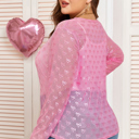  Pink Plus Size Bow Embroidered Mesh Long Sleeve Top