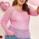  Pink Plus Size Bow Embroidered Mesh Long Sleeve Top