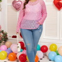  Pink Plus Size Bow Embroidered Mesh Long Sleeve Top