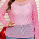  Pink Plus Size Bow Embroidered Mesh Long Sleeve Top