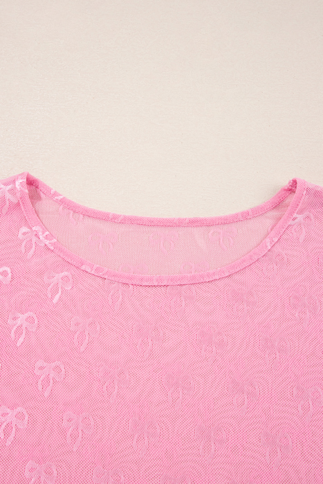 Pink Plus Size Bow Embroidered Mesh Long Sleeve Top