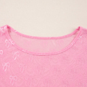  Pink Plus Size Bow Embroidered Mesh Long Sleeve Top