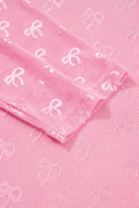 Pink Plus Size Bow Embroidered Mesh Long Sleeve Top