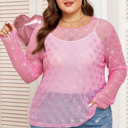 Pink 1X Pink Plus Size Bow Embroidered Mesh Long Sleeve Top