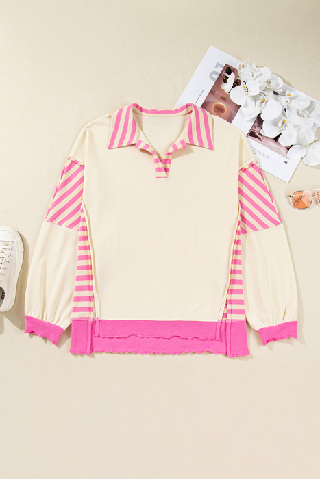 Pink Stripe Contrast Polo Collar Drop Shoulder Patchwork Plus Size Pullover