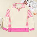  Pink Stripe Contrast Polo Collar Drop Shoulder Patchwork Plus Size Pullover