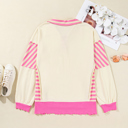  Pink Stripe Contrast Polo Collar Drop Shoulder Patchwork Plus Size Pullover