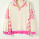  Pink Stripe Contrast Polo Collar Drop Shoulder Patchwork Plus Size Pullover