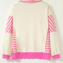  Pink Stripe Contrast Polo Collar Drop Shoulder Patchwork Plus Size Pullover