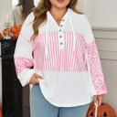  Pink Stripe Leopard Patchwork Waffle Knit Buttoned Plus Size Hoodie