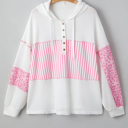  Pink Stripe Leopard Patchwork Waffle Knit Buttoned Plus Size Hoodie