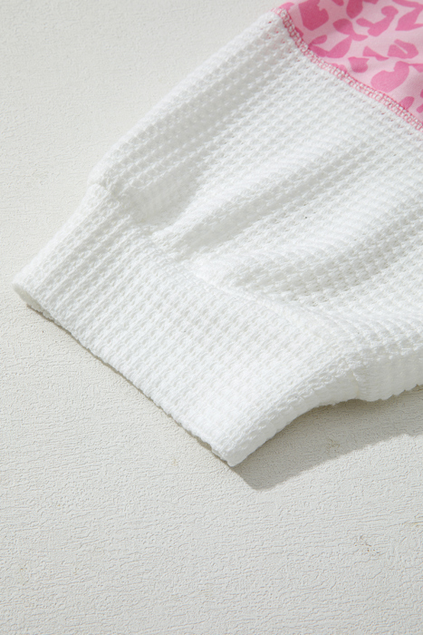 Pink Stripe Leopard Patchwork Waffle Knit Buttoned Plus Size Hoodie