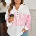 Pink Stripe 1X Pink Stripe Leopard Patchwork Waffle Knit Buttoned Plus Size Hoodie