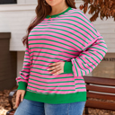  Pink Stripe Waffle Knit Crew Neck Plus Size Sweatshirt