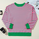  Pink Stripe Waffle Knit Crew Neck Plus Size Sweatshirt