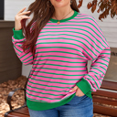 Pink Stripe 2X Pink Stripe Waffle Knit Crew Neck Plus Size Sweatshirt